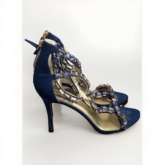 Nine West Jewel Embellished Blue Velvet High Heels Size 8 1/2 Women’s  3” Heel - Picture 1 of 7